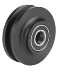 Side view of a Two-Piece U-Groove Barn Door Wheel Set for DIY Installations, Heavy-Duty Pulley Bearings for Smooth Sliding.