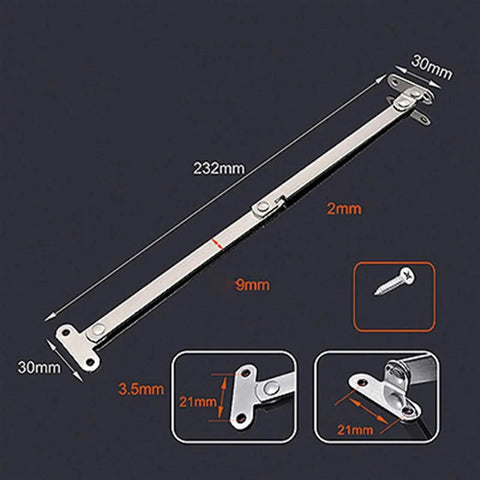 Two Pack Pro-Grade Stainless Steel Folding Pull Rods For Cabinet Doors with dimensions and screws shown