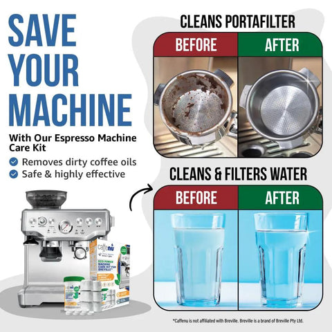 Breville Espresso Machine Cleaning Kit With 52 Two-Gram Tablets And 6 Filters No-Fuss Deep Clean, before and after results.