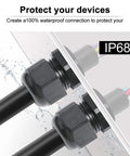 12 Pack 3/8 Inch NPT Cable Glands Nylon PA66 IP68 Waterproof Adjustable Power Strain Relief Cord Grips, black, in use