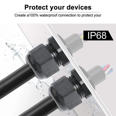 12 Pack 3/8 Inch NPT Cable Glands Nylon PA66 IP68 Waterproof Adjustable Power Strain Relief Cord Grips, black, in use