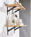 Heavy Duty Steel Shelf Brackets With Screws Triple Tripod Triangle L Brackets For Floating Shelving Units Hella Sturdy Heavy Supports With No Sweat DIY Installation Solid White Finish One Pair mounted with wood shelves and kitchen items.