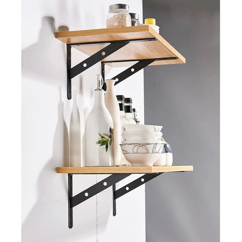 Heavy Duty Steel Shelf Brackets With Screws Triple Tripod Triangle L Brackets For Floating Shelving Units Hella Sturdy Heavy Supports With No Sweat DIY Installation Solid White Finish One Pair mounted with wood shelves and kitchen items.