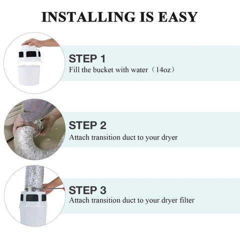 3 In 1 Indoor Dryer Vent Kit installation guide for electric dryers featuring step-by-step setup and filtration process.