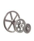 Heavy Duty Single Slot Cast Iron V Belt Pulley Tray For 90 To 280mm Motors showing three pulleys of different sizes