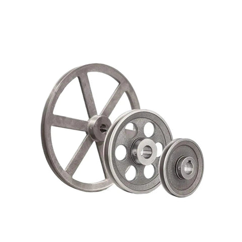Heavy Duty Single Slot Cast Iron V Belt Pulley Tray For 90 To 280mm Motors showing three pulleys of different sizes