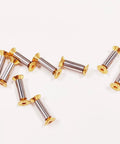 10 Pieces Knife Handle Hardware Kit M4 Screws Nuts Bolts Rivets With Flat Hex Head Gold Finish, scattered on white background.