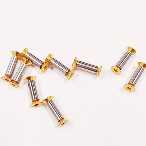 10 Pieces Knife Handle Hardware Kit M4 Screws Nuts Bolts Rivets With Flat Hex Head Gold Finish, scattered on white background.