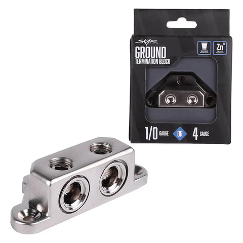 Beefy Ground Termination Block With Highly Conductive Zinc Alloy Three Mounting Points Two Five Millimeter Hex Set Screws And Two Reducers From One Zero To Four Gauge For Auto Audio System Wiring, silver finish