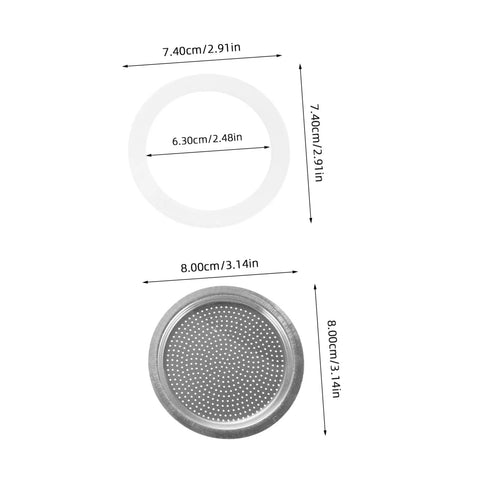 Espresso Maker Replacement Gaskets And Silicone Sealing Rings One Set For Coffee Pot Accessories Pro For Home Kitchen And Coffee Bar Barista Grade Silicone Seals That Fit Most Pots, shown with measurements.