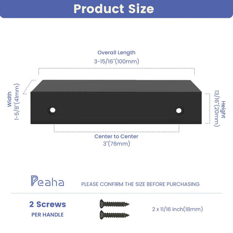 Diagram showing size of 10 Pack Black Cabinet Pulls 3 Inch Aluminum Alloy Edge Finger Pull Dresser Drawer Handles, includes screws.