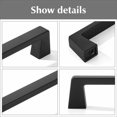 Close-up of black cabinet pulls, showing detail of 20 Pack Matte Black Cabinet Pulls Center To Center Three And Quarters Inches