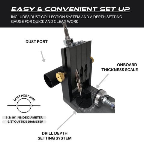 Pocket Hole Jig Kit M1 Pro Grade Adjustable Depth Pocket Screw Jig Heavy Duty Drill Jig with dust port and thickness scale.
