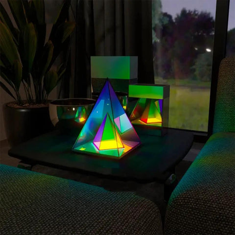 Pyramid Modern Table Lamp Led Desk Light With Colorful Transparent Glow 3D Acrylic Home Decor Large Warm Night Light on table.