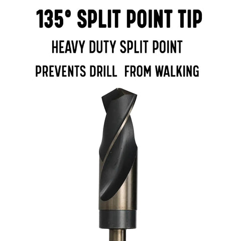 KFD Series 11/16 Inch Reduced Shank High Speed Steel Drill Bit With One Half Inch Shank Black Gold Finish For Stainless Steel And Other Hard Metals A True Workhorse For Fast Durable Drilling, featuring 135-degree split point tip preventing walking.