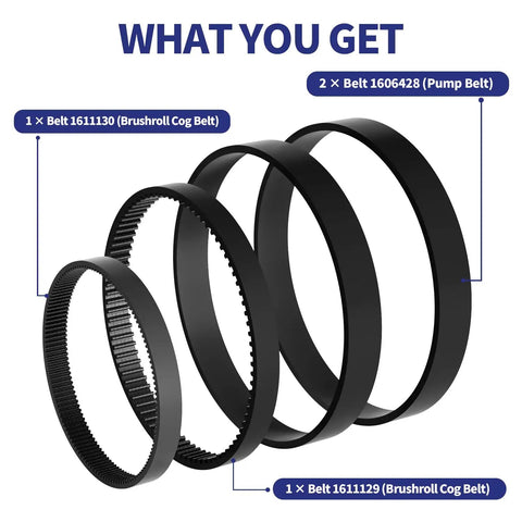 Replacement Belt Set For ProHeat 2X Revolution Pet Pro Carpet Cleaner 4Pack with Flat Pump Belts, Brush Belt, Gear Belt displayed