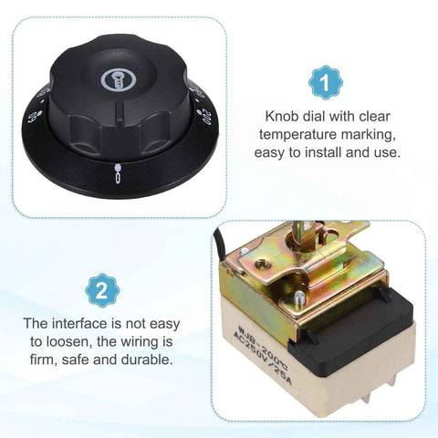 Temperature Control Switch 250V 25A Capillary Thermostat For Ovens Fryers Refrigerators And Heaters 60-200C Range 0.7m Capillary Easy Install Durable Kitchen Equipment Controller, black dial and metal body
