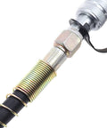Hydraulic fitting with threaded rod, rainbow-plated finish, and spiral spring around a black hose