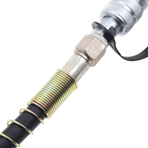 Hydraulic fitting with threaded rod, rainbow-plated finish, and spiral spring around a black hose