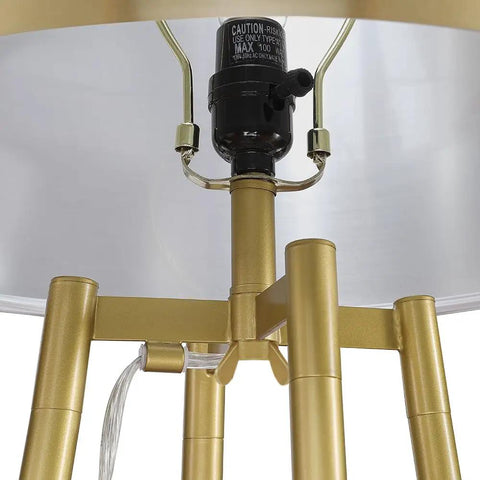 Close-up of gold shade and bulb holder of Tall Floor Lamp With Shelves And Gold Shade, Standing Reading Light, Modern Pole Lamp