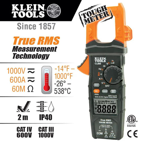 Digital Clamp Meter With Auto Ranging TRMS, Measures AC DC Voltage And Current, LoZ Ghost Voltage shown in front view