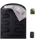 Oversized Double Sleeping Bag For Two Adults Queen Size With Two Pillows Built For Camping, in black with zipper detail.