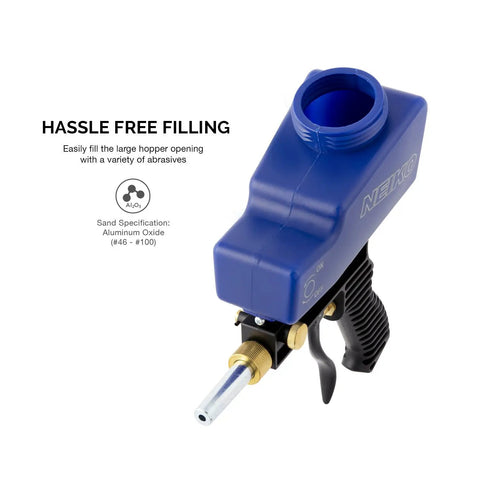 Air Sand Blaster Gun With Gravity Feed For Quick Paint And Rust Removal, blue hopper, steel nozzle, close-up view