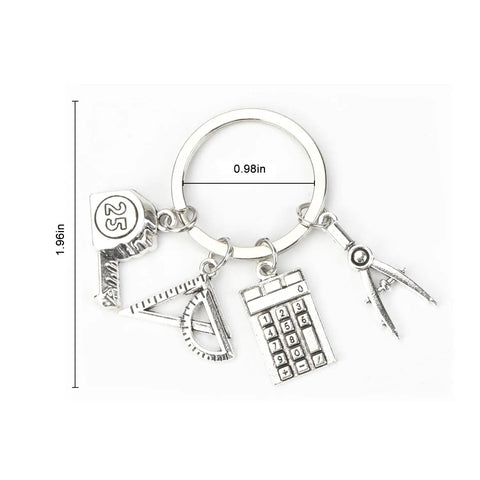 Architect Keychain With Geometry Ruler And Mini Calculator Dope Engineer Gift For Teachers And Architecture Fans Ruler Accessory For Men Christmas Gift Idea And Teacher Appreciation Gift featuring metal charms including a ruler, calculator, and compass.