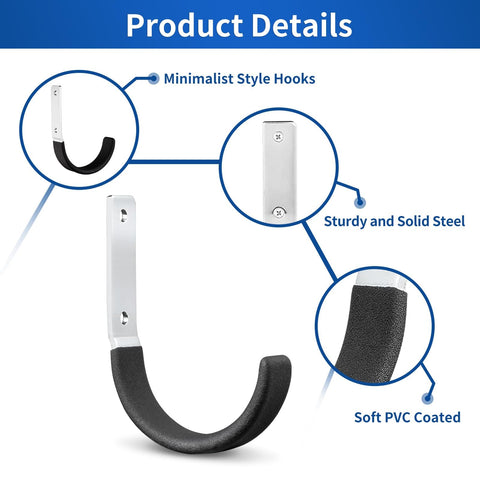 Beefy Steel Garage Hooks Set For Wall Mounts, Heavy Duty Utility Hooks For Garage Storage, Anti Slip PVC Coated, Black 2 Pack