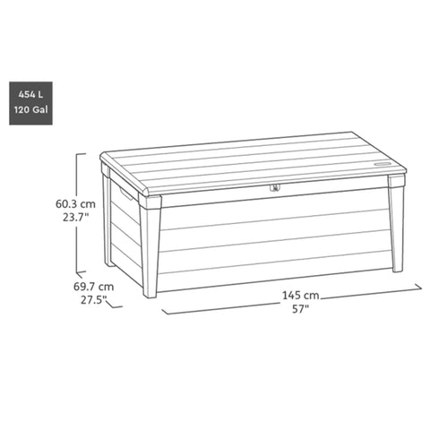 Dimensions of Lockable 120 Gallon Outdoor Storage Deck Box For Patio Backyard And Garden In Brown Waterproof Plastic Bench