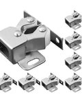 8 Piece Silver Steel Ball Latches For Cabinet Doors With Low Profile Catch And Smooth Operation, hardware set shown in multiple views