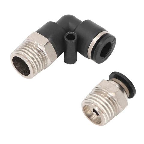 Check Out This Badass Pneumatic Fittings Kit With Push Lock Air Hose Connectors That Crush High Pressure Up To 145Psi For All Your PU PA PE PVC Pipes In Dope Industrial Setups Today. 90-degree metal elbow fitting and straight adapter
