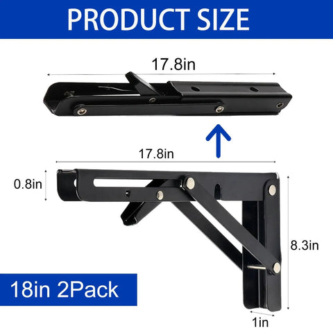 Product size of Heavy Duty Folding Shelf Brackets 2 Pack 18 Inch Black Wall Mounts, featuring dimensions and foldable design.