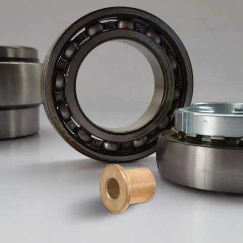 Six Piece Flanged Copper Sleeve Bearings With Step Shoulder Flange And Wrapped Brass Bushings Built Like A Tank For Heavy Equipment Workshops And Slick High Speed Motor Shafts.
