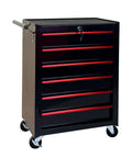 Heavy Duty Rollin Tool Chest With Six Slick Ball Bearing Glides And Scratch Proof Steel Worktop Featuring Locked Swivel Casters For Easy Shop Or Job Site Haulin In Tough Black Powder Coat side view with drawers and key lock