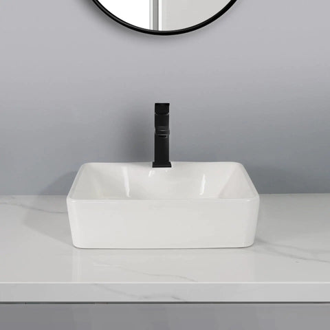 USZWBY Vessel Sinks Balcony Bathroom Ceramic Tabletop Washbasin Kitchen Sink Square showing sleek white ceramic sink with black faucet.