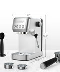 Top Shelf Compact Espresso Maker With 20 Bar Pressurized Pump And One Touch Milk Frother System For Legit Cafe Style Beverages And Hella Easy Installation showing dimensions and accessories.