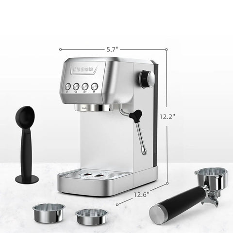Top Shelf Compact Espresso Maker With 20 Bar Pressurized Pump And One Touch Milk Frother System For Legit Cafe Style Beverages And Hella Easy Installation showing dimensions and accessories.