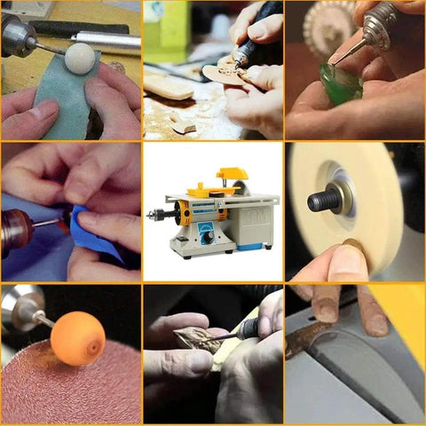 Collage showing 110V Mini Table Saw Rock Polisher With Flexible Shaft in use for jewelry making, wood, jade, and metal polishing