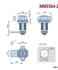 Technical drawing of Cam Lock Handle For Storage Box Jewelry Case Mail Box Electronic File Cabinet Office Security Lock MS564H 1 Piece