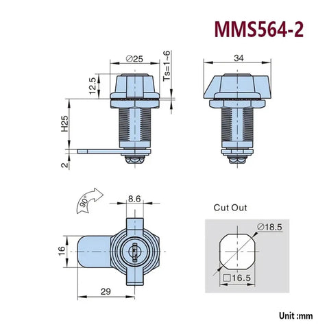 Technical drawing of Cam Lock Handle For Storage Box Jewelry Case Mail Box Electronic File Cabinet Office Security Lock MS564H 1 Piece