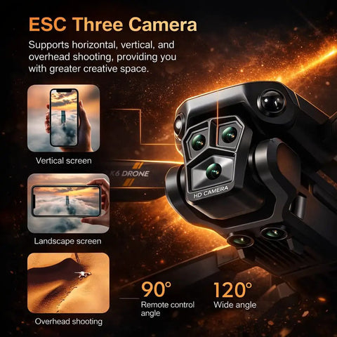 Close-up of 4K FPV Drone With Triple Camera System And Optical Flow Stabilization Obstacle Avoidance Long Range RC Quadcopter.