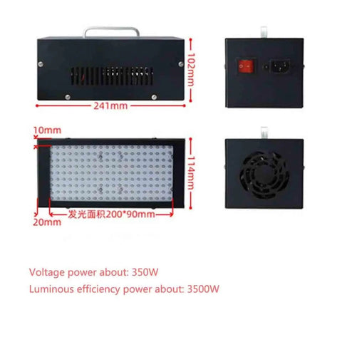 Go-To Gear 3500W LED UV Curing Lamp Packs Cold Light Source For 3D Printer Resin And Gel Drying 365NM UV Machine side angles and dimensions.