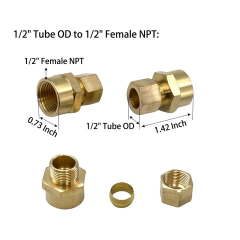 Three brass compression union fittings, 1/2 in tube OD to 1/2 in female NPT, with nuts and ferrule, front and side views.