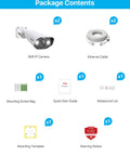 Package contents for Rock Solid 5MP PoE Outdoor Security Cameras including two cameras and mounting accessories.