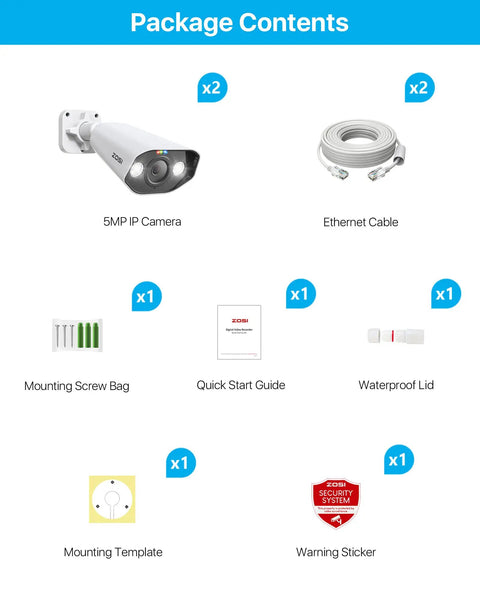 Package contents for Rock Solid 5MP PoE Outdoor Security Cameras including two cameras and mounting accessories.