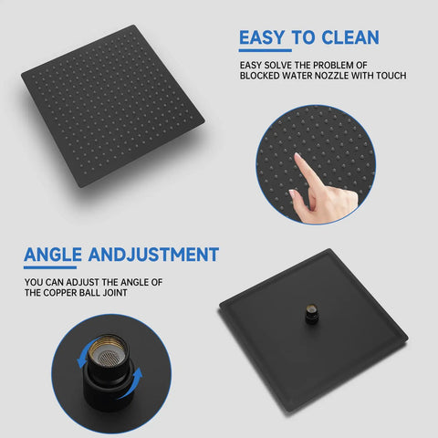 Matte Black 12 Inch Square Rain Shower Head With Adjustable Slide Bar Handheld Sprayer 1.5m Hose Wall Mounted High Pressure 2 In 1 Shower System Must-Have Modern Bathroom Upgrade showing easy clean and angle adjustment features