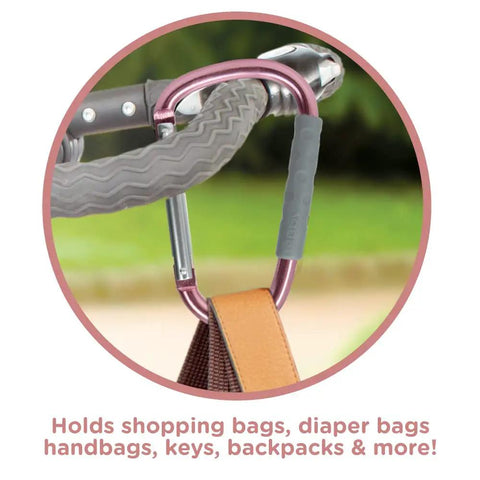 Large Handy Carabiner Stroller Clip With Textured Soft Grip Rose Gold, Heavy Duty Hook For Diaper Bags, Shopping Bags And Keys