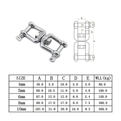 Slick 2 Pack Jaw And Jaw Anchor Swivels Crafted From Tough 304 Stainless Steel For Outdoor Jobs, showing sizes and weight limits.