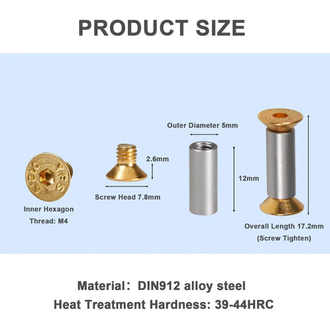 12 Pieces Knife Handle Screws And 24 Flat Head Bolts Gold Hex Fasteners For Knife Blade Fixing, M4 Screws Size Guide